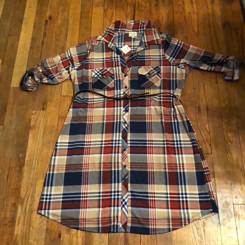 Plaid button down mid length dress with belt